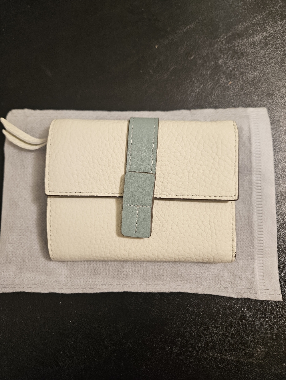 Cream Leather Wallet with Sage Strap